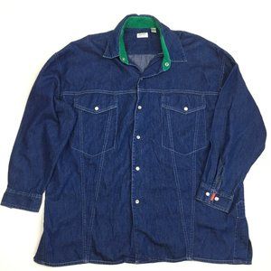 Vintage ESPRIT SPORT Dark Wash Green Corduroy Trim Chambray Snap Button Shirt